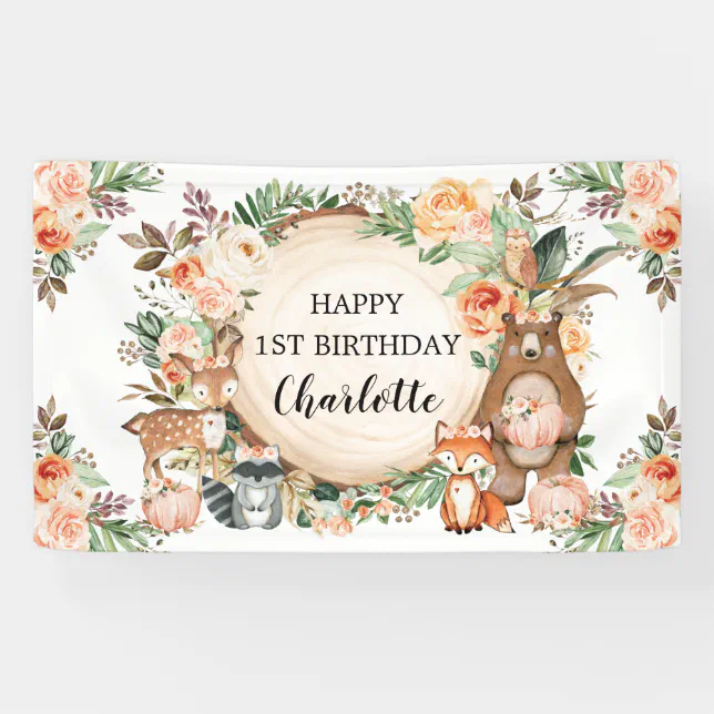 Woodland Animals Fall Autumn Floral Happy Birthday Banner | Zazzle