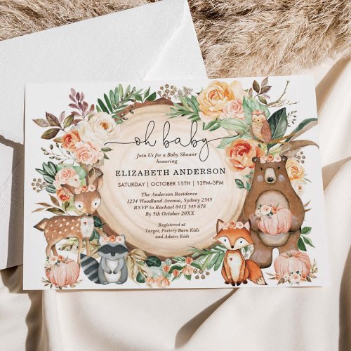 Woodland Animals Fall Pumpkin Floral Baby Shower Invitation