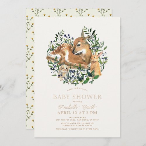 Woodland Animals Fawn Bunny Greenery Baby Shower Invitation