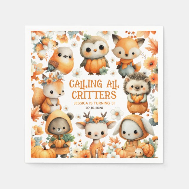 Woodland Animals Festive Autumn Kids' Birthday Napkins (Front)