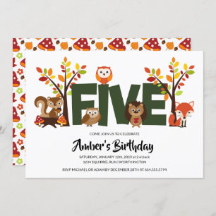 Woodland Animal's Fifth Birthday Party Invitation