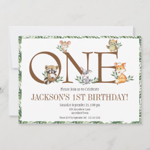 Woodland Animals First Birthday Greenery Invitation