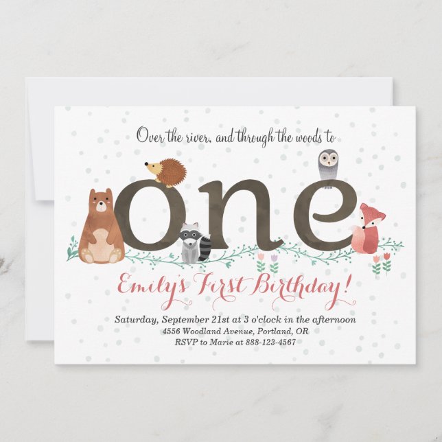 Woodland Animals First Birthday Invitation (Front)