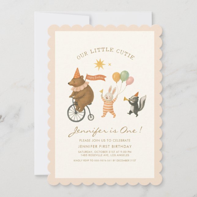 Woodland Animals First Birthday Invitation  (Front)