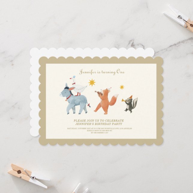 Woodland Animals First Birthday Invitation (Front/Back In Situ)