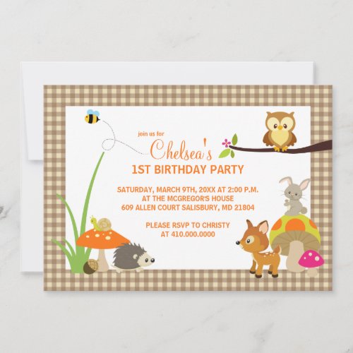 Woodland Animals First Birthday Invitations