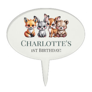 Woodland Animals First Birthday Party Custom Name Cake Topper