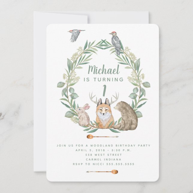 Woodland Animals First Birthday Party Invitation (Front)