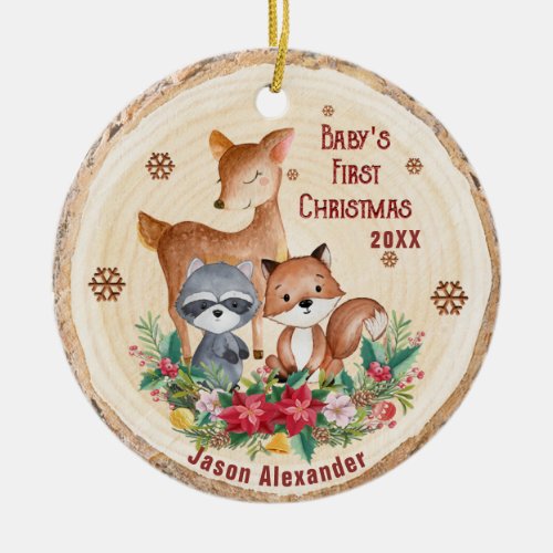 Woodland Animals First Christmas Add Your Photo Ceramic Ornament