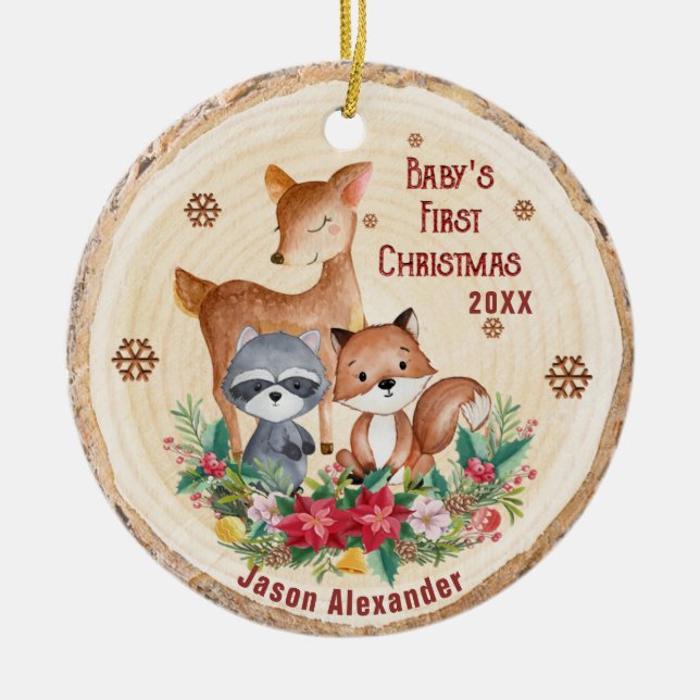 Woodland Animals First Christmas Add Your Photo Ceramic Ornament (Front)