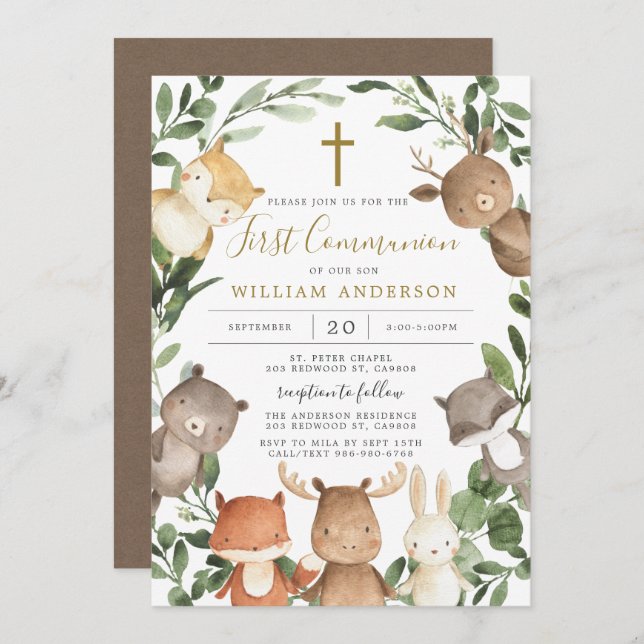 Woodland Animals First Communion Invitation (Front/Back)