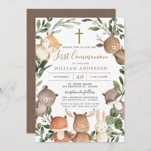 Woodland Animals First Communion Invitation