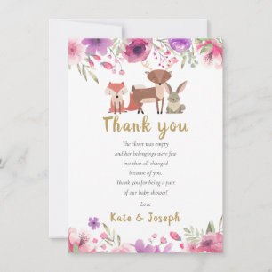 Woodland Animals Floral Baby Shower Thank You Poem Card