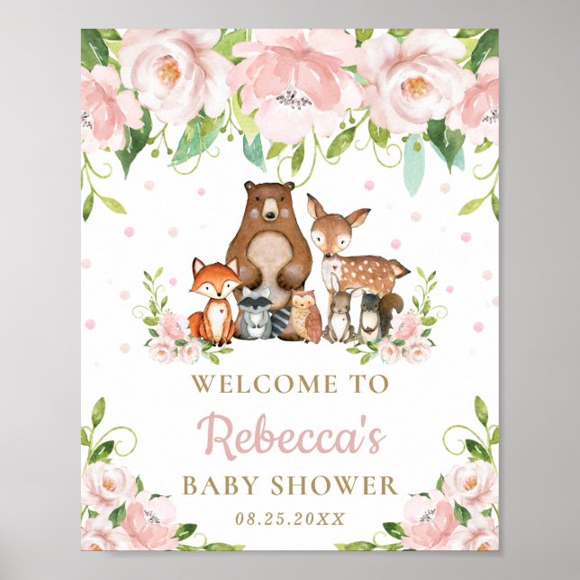 Woodland Animals Floral Baby Shower Welcome Sign (Front)