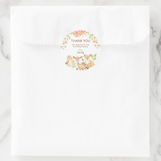 Woodland Animals Floral Girl Birthday Thank You Classic Round Sticker (Bag)