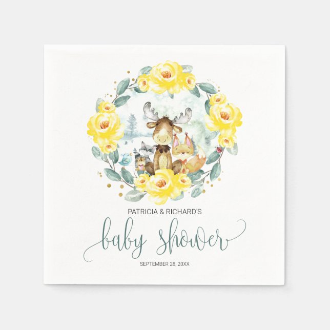 Woodland Animals Floral Greenery Baby Shower Napkins (Front)