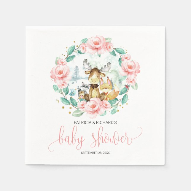 Woodland Animals Floral Greenery Baby Shower Napkins (Front)