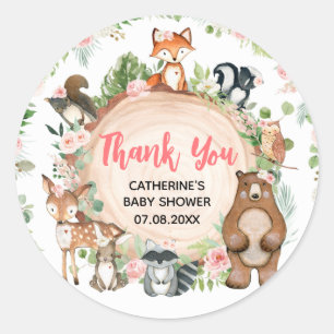 Woodland Animals Floral Wood Slice Baby Shower Classic Round Sticker
