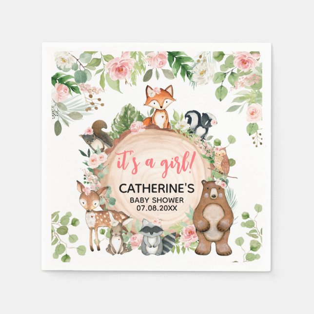 Woodland Animals Floral Wood Slice Baby Shower Napkins (Front)