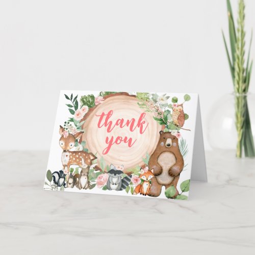 Woodland Animals Floral Wood Slice Baby Shower Thank You Card