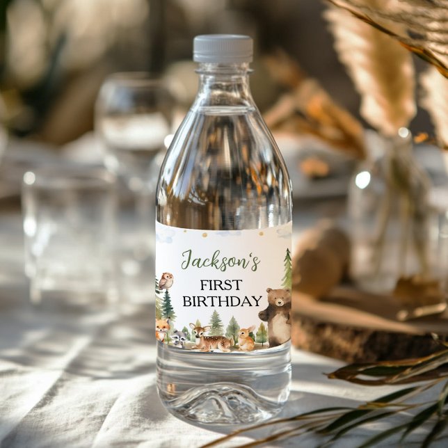 Woodland Animals Forest 1st Birthday Water Bottle Label (Creator Uploaded)