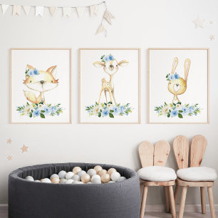 Woodland Animals, Forest Animals, Blue Flowers Wall Art Sets