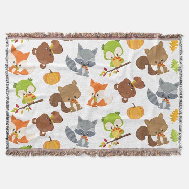 Woodland Animals, Forest Animals, Fall Animals Throw Blanket (Front)