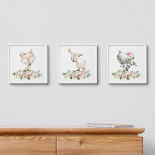 Woodland Animals, Forest Animals, Pink Flowers Peel And Stick Photo Tile