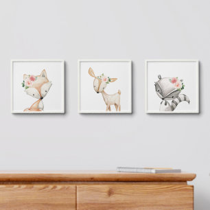 Woodland Animals, Forest Animals, Pink Flowers Peel And Stick Photo Tile