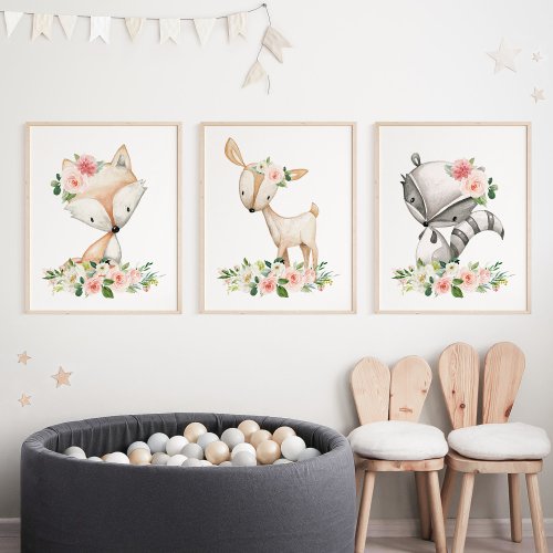 Woodland Animals Forest Animals Pink Flowers Wall Art Sets