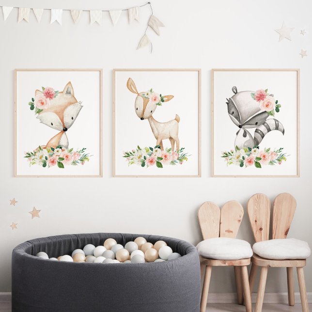 Woodland Animals, Forest Animals, Pink Flowers Wall Art Sets (Creator Uploaded)