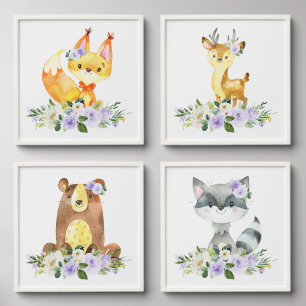 Woodland Animals, Forest Animals, Purple Flowers Peel And Stick Photo Tile