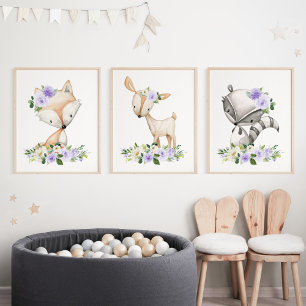 Woodland Animals, Forest Animals, Purple Flowers Wall Art Sets