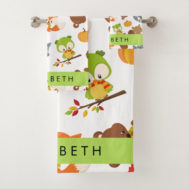 Woodland Animals, Forest Animals, Your Name Bath Towel Set (Insitu)