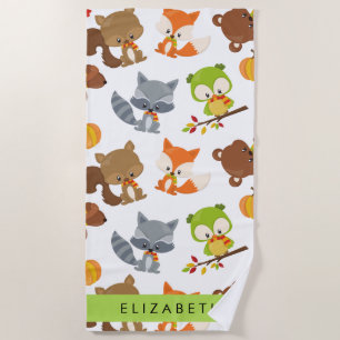 Woodland Animals, Forest Animals, Your Name Beach Towel