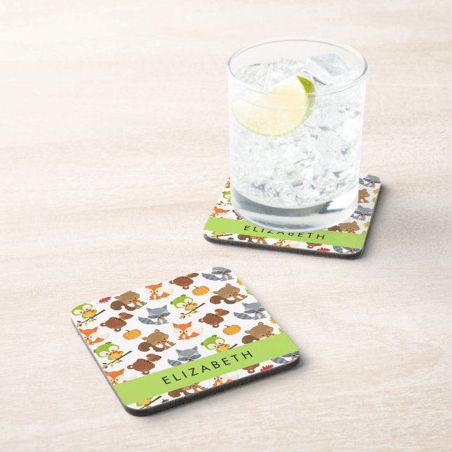 Woodland Animals, Forest Animals, Your Name Beverage Coaster (Right Side)