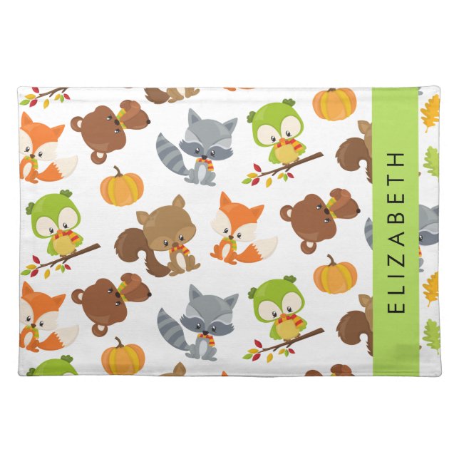 Woodland Animals, Forest Animals, Your Name Cloth Placemat (Front)