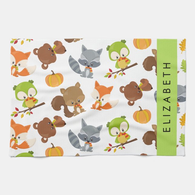 Woodland Animals, Forest Animals, Your Name Kitchen Towel (Horizontal)