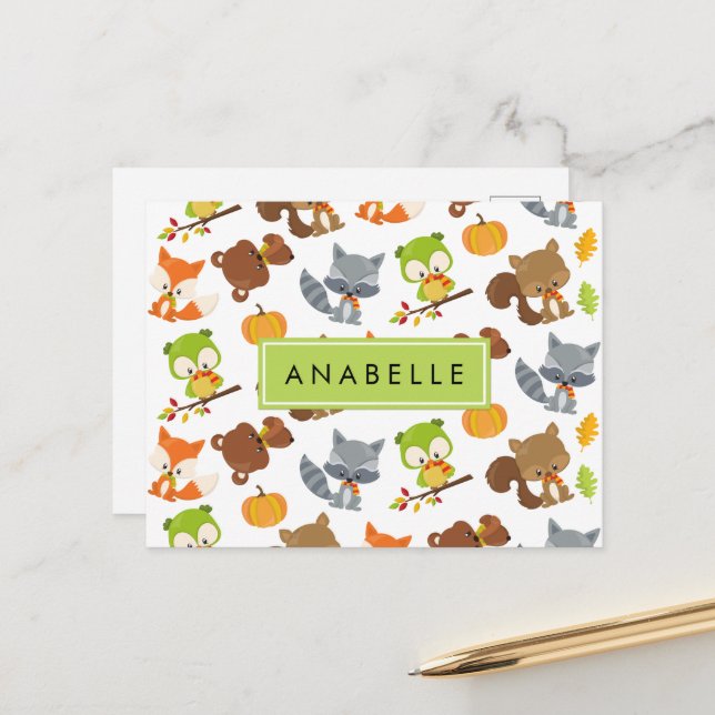 Woodland Animals, Forest Animals, Your Name Postcard (Front/Back In Situ)