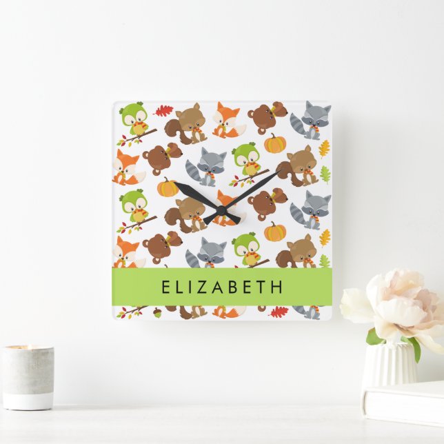 Woodland Animals, Forest Animals, Your Name Square Wall Clock (Home)