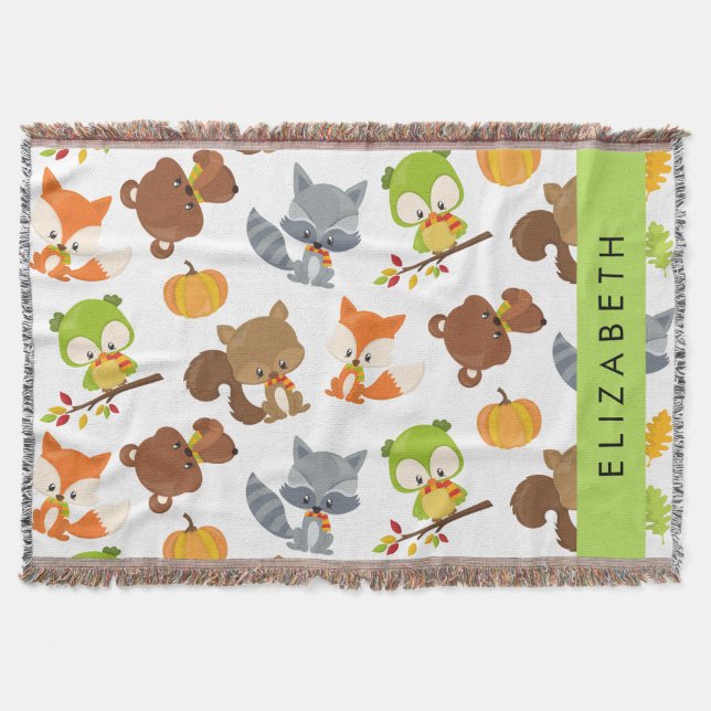 Woodland Animals, Forest Animals, Your Name Throw Blanket (Front)