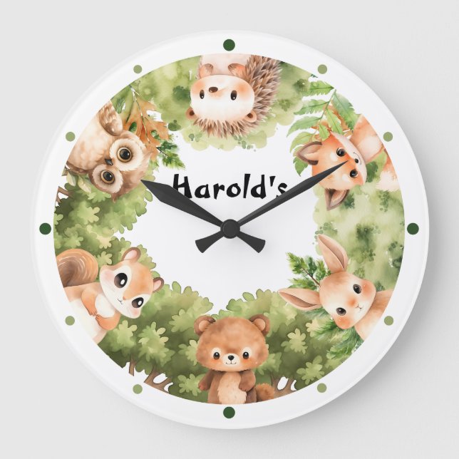 Woodland Animals Forest Baby Boy Nursery  Large Clock (Front)