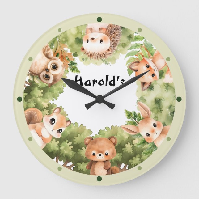 Woodland Animals Forest Baby Boy Nursery  Large Clock (Front)