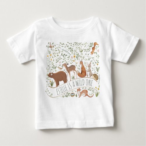 Woodland Animals Forest Baby First Birthday Name  Baby T_Shirt
