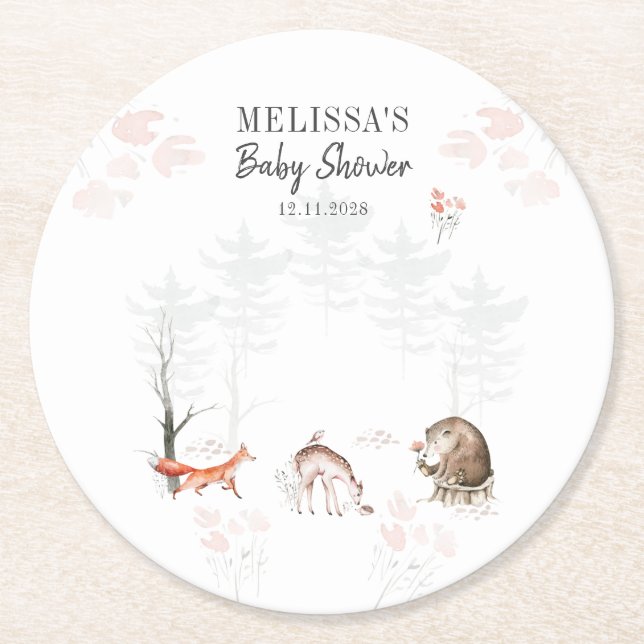 Woodland Animals Forest Baby Shower Round Paper Coaster (Front)