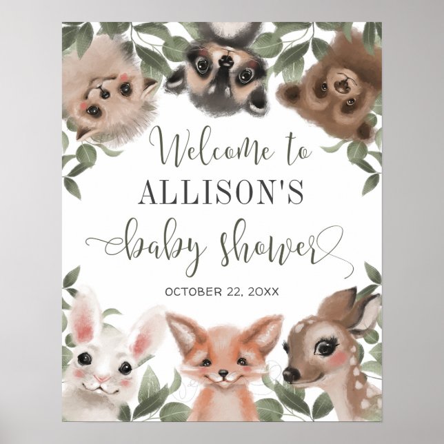 Woodland animals forest baby shower welcome sign (Front)