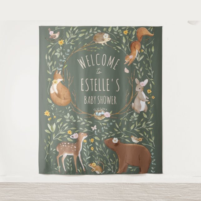 Woodland Animals Forest Baby Shower Welcome Sign Tapestry (Front)