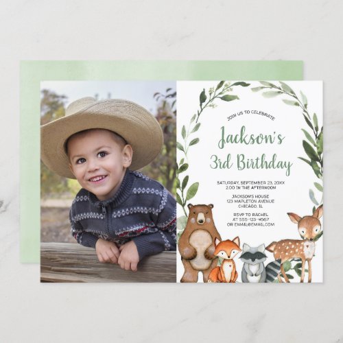 Woodland animals forest boy or girl birthday photo invitation