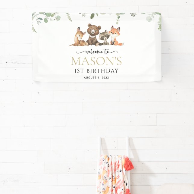 Woodland Animals, Forest, First Birthday Welcome Banner (Insitu)