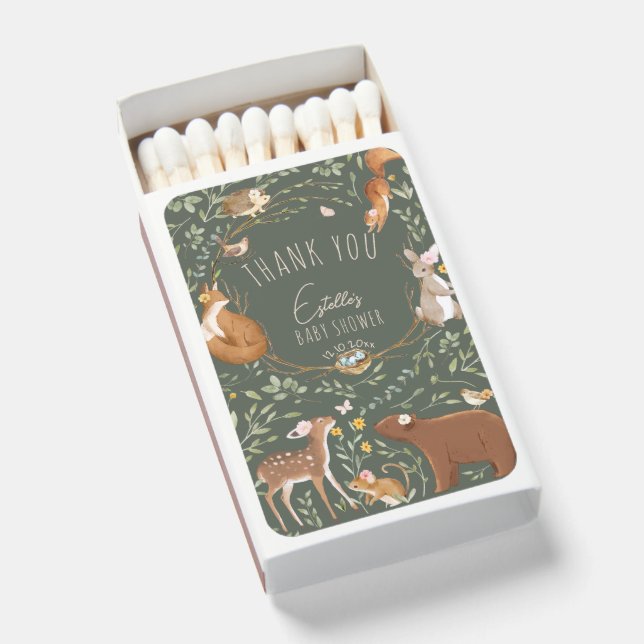 Woodland Animals Forest Friends Baby Shower Favors Matchboxes (Front Open)